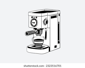 coffee machine of sketch ink drawing for poster, brochure, label sticker packaging.