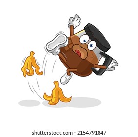 coffee machine slipped on banana. cartoon mascot vector