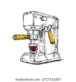 A coffee machine stands on a kitchen counter, with yellow handles and a red cup placed below. The machine is used to make espresso during a morning routine.