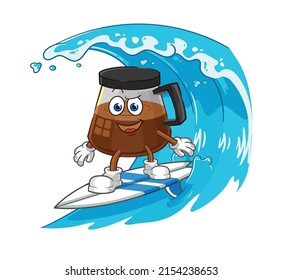 coffee machine surfing character. cartoon mascot vector