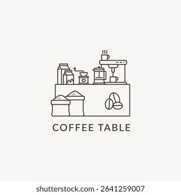 Coffee machine table linear logo design. Coffee station symbol vector illustration. Creative coffee bar stall logo icon sign