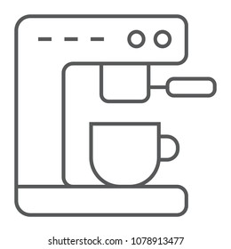 Coffee machine thin line icon, kitchen and cooking, cup sign vector graphics, a linear pattern on a white background, eps 10.