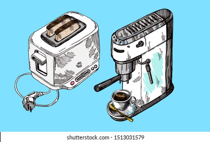 Coffee machine and toaster sketch. Hand drawn vector illustration. Premium food for a better morning.