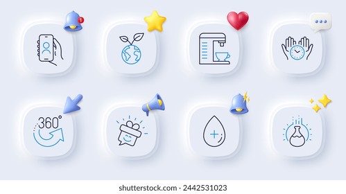 Coffee machine, User call and Chemistry experiment line icons. Buttons with 3d bell, chat speech, cursor. Pack of Oil serum, 360 degrees, Safe time icon. Save planet, Smile pictogram. Vector