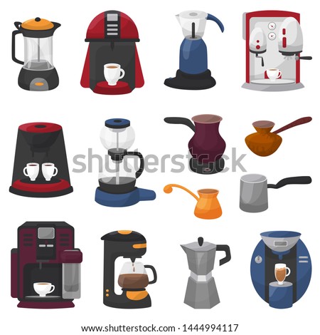 Coffee machine vector coffeemaker and coffee-machine for espresso drink with caffeine in cafe illustration. set of professional equipment coffee-pot coffeecup isolated on white background.