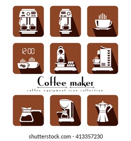 Coffee machine vector flat icon set square style - espresso, capsule, drip, coffee pot. Home and beverage appliance.