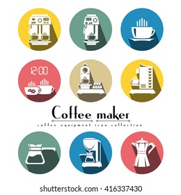 Coffee machine vector flat icon set round style - espresso, capsule, drip, coffee pot. Home and beverage.