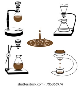 Coffee machine vector flat icon set - espresso machine, capsule , drip ,  pot. Home and beverage coffee machine. Natural ground .