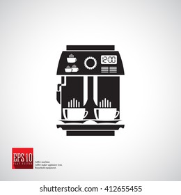 Coffee machine vector icon. Espresso machine for ground coffee with whipping milk for latte for two cups. Home and beverage appliance.