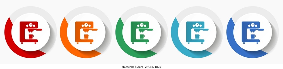 Coffee machine vector icon set, flat icons for logo design, webdesign and mobile applications, colorful round buttons