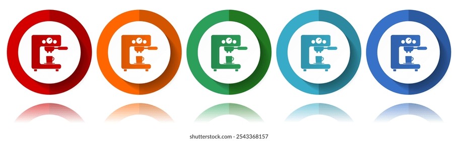 Coffee machine vector icons, flat icon set for logo design, webdesign and mobile applications, colorful web button collection in eps 10