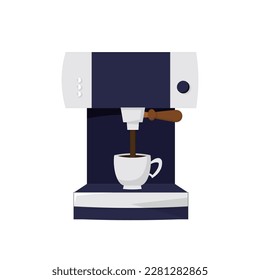 Ilustración vectorial de máquina de café. Cafetera automática aislada de dibujos animados para cocina de café, oficina o casa, equipo para preparación expresa café espresso caliente, capuchino y latón en taza