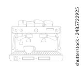 Coffee machine vector line illustration. Coffee maker line art vector illustration. Espresso coffee machine blueprint. Outline drawing of coffeemaker. Industrial linear concept.