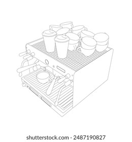 Coffee machine vector line illustration. Coffee maker line art vector illustration. Espresso coffee machine blueprint. Outline drawing of coffeemaker. Industrial linear concept. Isometric view