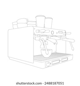 Coffee machine vector line illustration. Coffee maker line art vector illustration. Espresso coffee machine blueprint. Outline drawing of coffeemaker. Industrial linear concept.