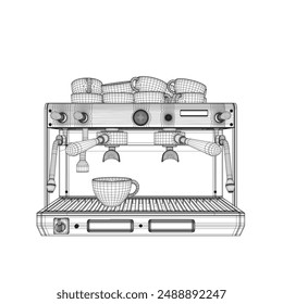 Coffee machine vector line illustration. Coffee maker line art vector illustration. Espresso coffee machine blueprint. Wireframe drawing of coffeemaker. Industrial linear concept. 3D