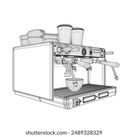 Coffee machine vector line illustration. Coffee maker line art vector illustration. Espresso coffee machine blueprint. Wireframe drawing of coffeemaker. Industrial linear concept. 3D