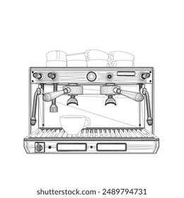 Coffee machine vector line illustration. Coffee maker line art vector illustration. Espresso coffee machine blueprint. Outline drawing of coffeemaker. Industrial linear concept.