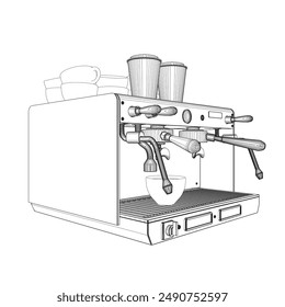 Coffee machine vector line illustration. Coffee maker line art vector illustration. Espresso coffee machine blueprint. Outline drawing of coffeemaker. Industrial linear concept.