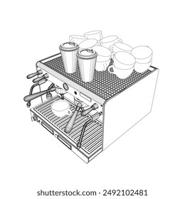 Coffee machine vector line illustration. Coffee maker line art vector illustration. Espresso coffee machine blueprint. Outline drawing of coffeemaker. Industrial linear concept.