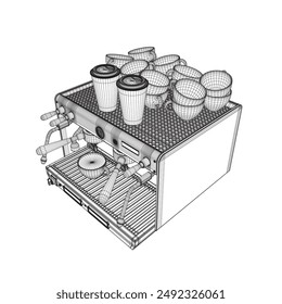 Coffee machine vector line illustration. Coffee maker line art vector illustration. Espresso coffee machine blueprint. Wireframe drawing of coffeemaker. Industrial linear concept. Isometric view. 3D