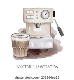 coffee and coffee machine watercolor illustration