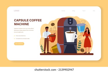 Banner web de máquina de café o página de aterrizaje. Barista haciendo una taza de café caliente en la cafetera de la cápsula. Abundante y sabrosa bebida para el desayuno. Ilustración vectorial plana