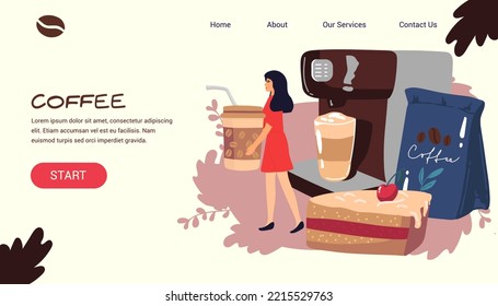 Coffee machine web banner or landing page. Barista making a cup of hot coffee on capsule coffee machine. Energetic tasty beverage for breakfast. Flat vector illustration.