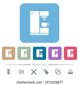 Coffee machine white flat icons on color rounded square backgrounds. 6 bonus icons included