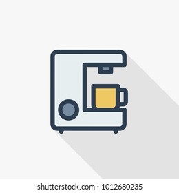 coffee machine whith cup thin line flat color icon. Linear vector illustration. Pictogram isolated on white background. Colorful long shadow design.