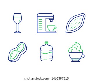 Coffee machine, Wine glass and Cooler bottle line icons set. Cocoa nut, Peanut and Cappuccino cream signs. Cappuccino machine, Bordeaux glass, Water drink. Vegetarian food. Vector