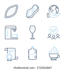 Coffee machine, Wine glass and Cooler bottle line icons set. Diploma certificate, save planet, group of people. Cocoa nut, Peanut and Cappuccino cream signs. Vector