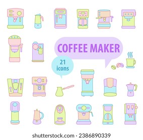 Coffee machines. Different types of coffee machines. Colored coffee machine icons with strokes. Printing materials. EPS 10.