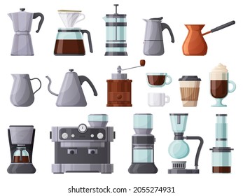 Coffee machines, french press, cezve, pot, aeropress and espresso machine. Coffee brewing tools, cups and pots vector illustration set