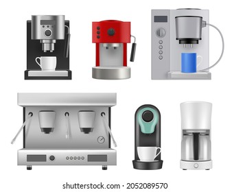 Coffee machines. Kitchen items for preparing hot beverage drinks cappuchino and espresso liquid products decent vector realistic set isolated