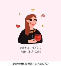 Kaffee, Zauberei und Selbstversorgung. Hübsches Mädchen mit Krug. Vektorgrafik, handgezeichnet auf weißem Hintergrund. 