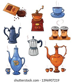 coffee make hand drawn set with pots, mugs, mugs, beans, coffee mill