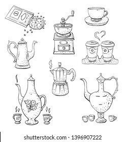 coffee make hand drawn set with pots, mugs, mugs, beans, coffee mill