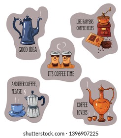 coffee make hand drawn set with pots, mugs, mugs, beans, coffee mill