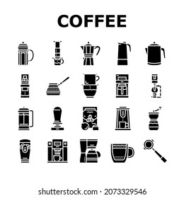 Coffee Make Machine And Accessory Icons Set Vector. Coffee Maker Electronic Device And Aeropress Tool, Syphon Percolator, Grinder Tamper For Prepare Energy Drink Glyph Pictograms Black Illustrations