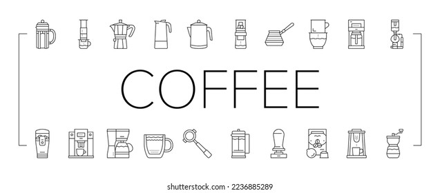 Coffee Make Machine And Accessory Icons Set Vector. Coffee Maker Electronic Device And Aeropress Tool, Syphon And Percolator, Grinder And Tamper For Prepare Energy Drink Black Contour Illustrations