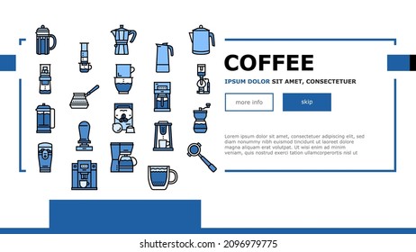 Coffee Make Machine And Accessory Landing Web Page Header Banner Template Vector. Coffee Maker Electronic Device And Aeropress Tool, Syphon And Percolator For Prepare Energy Drink Illustration