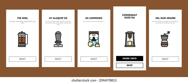 Coffee Make Machine And Accessory Onboarding Mobile App Page Screen Vector. Coffee Maker Electronic Device And Aeropress Tool, Syphon And Percolator, Grinder Tamper Prepare Energy Drink. Illustrations