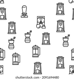 Coffee Make Machine And Accessory Vector Seamless Pattern Thin Line Illustration