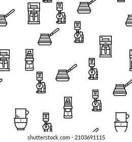 Coffee Make Machine And Accessory Vector Seamless Pattern Thin Line Illustration