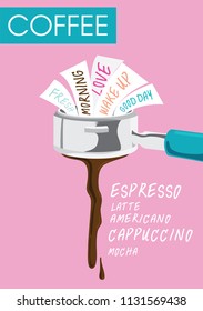 Coffee make me happy. Vector Design on pink background.