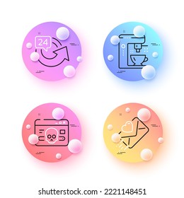 Coffee maker, 24 hours and Love letter minimal line icons. 3d spheres or balls buttons. Cyber attack icons. For web, application, printing. Tea machine, Repeat, Heart. Web ddos. Vector