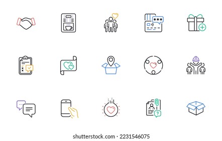 Coffee maker, Add gift and Checklist line icons for website, printing. Collection of Card, Engineering team, Search employee icons. Opened box, Friendship, Dots message web elements. Vector