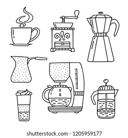 Coffee maker, the American press, coffee machine, cup of espresso, latte, and grinder. Hand drawn collection of coffee time symbols and handwritten phrases. Design elements for poster, card, leaflet
