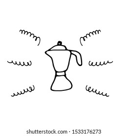 Coffee maker black and white doodle icon. Poster with coffee maker. Cute hand drawn gazer coffee maker. Vector isolated on white background.  Inscription for prints and posters, menu design, banners.